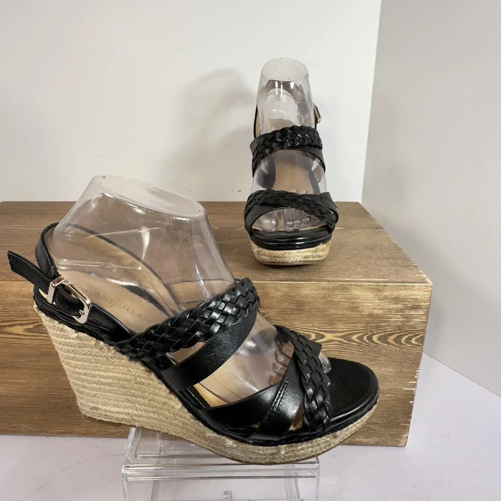 ANTONIO MELANI Women SZ 8.5-9 Black Leather Strappy Platform Wedges Sandals Boho